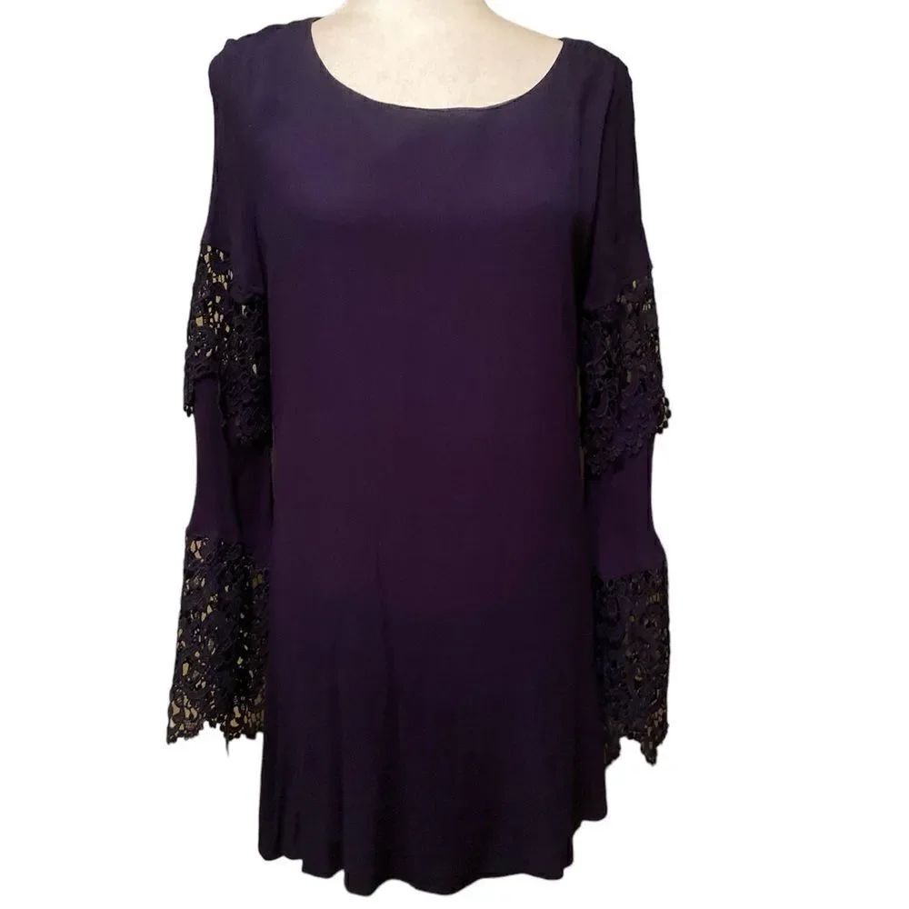 Altar’d State Navy MIDI Dress Crocheted Sleeves Size Large Bell Sleeves